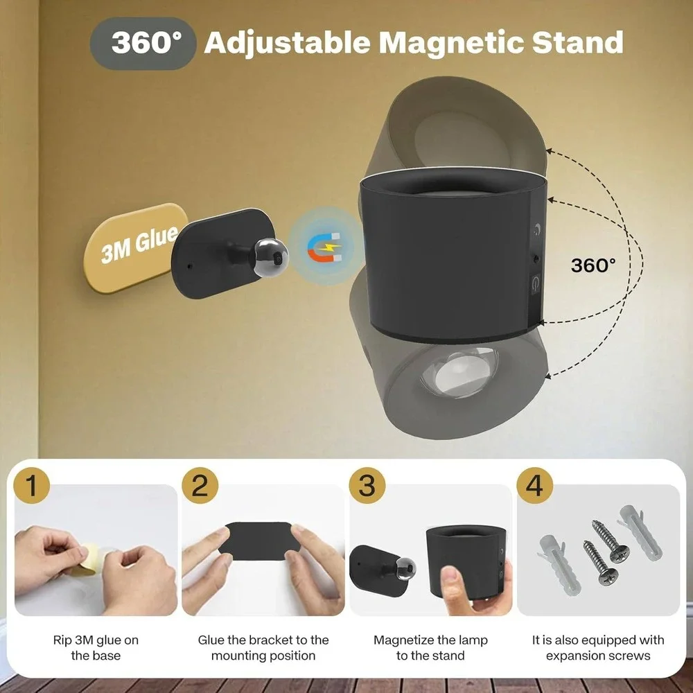 Set of 2 LED Wall Lights SK-BD80A Black 1200mAh Rechargeable Double Sided Wire